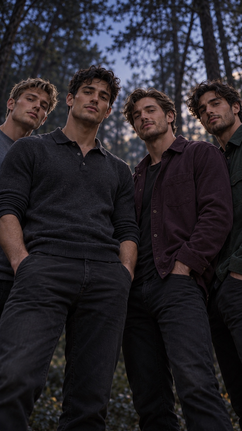 Four fictional characters beneath a dusky woodland canopy